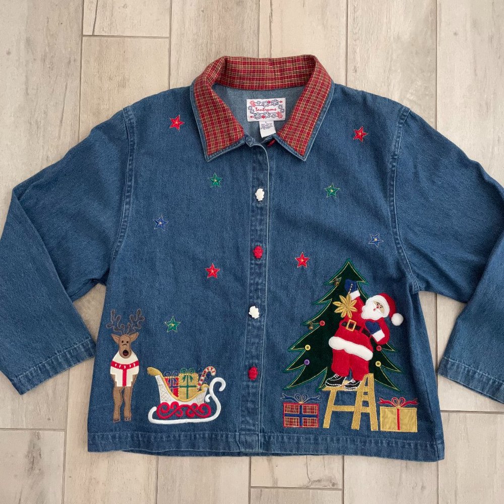 VTG Tantrums Christmas Embroidered Denim Shirt Jacket Size L Santa Buttons